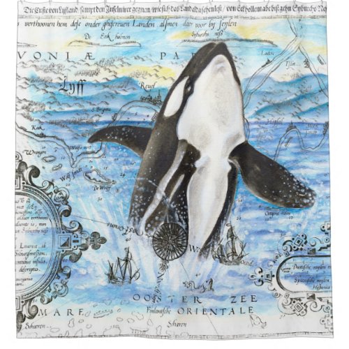 Breaching Orca Ancient Map Shower Curtain