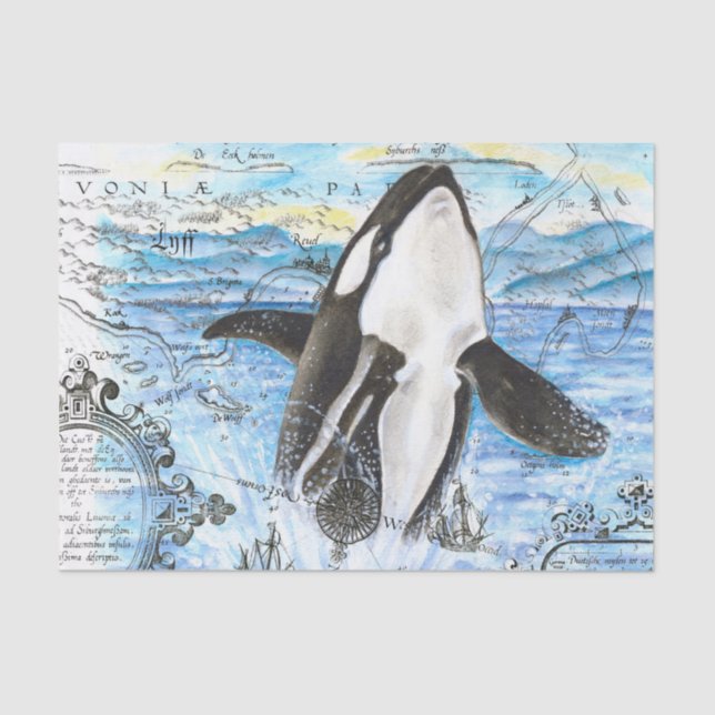 Breaching Orca Ancient Map Tissue Paper (Front)