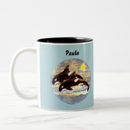 Breaching Orca Killer Whales Watercolors Sunset Two_Tone Coffee Mug