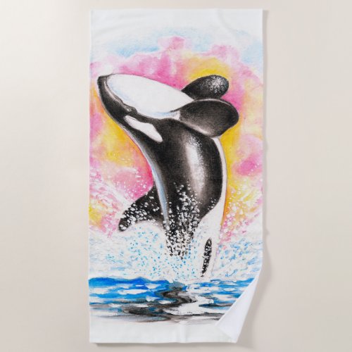 Breaching Orca Whale Rainbow Watercolor Beach Towel