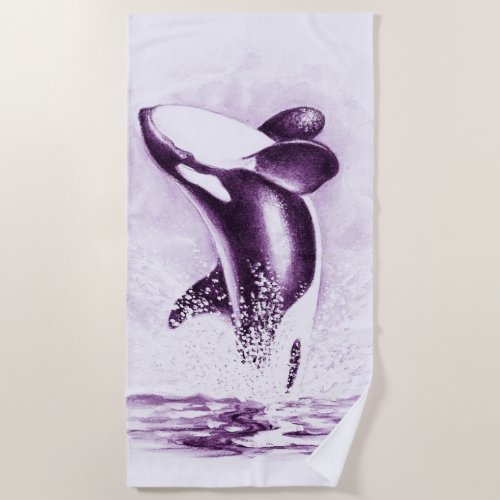 Breaching Orca Whale Ultra Violet Watercolor Beach Towel