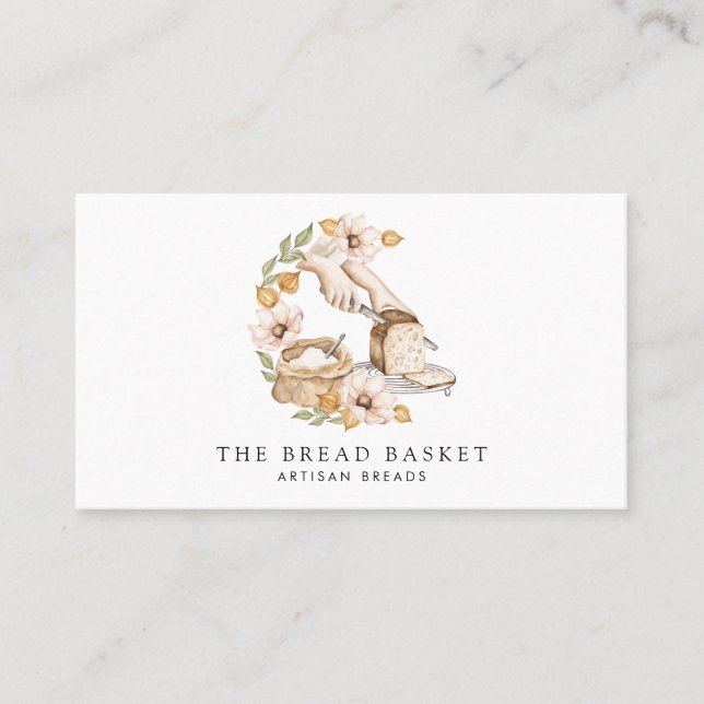 Bread Baker Bakery Watercolor Bread Floral Business Card (Front)