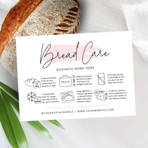Bread Care Instructions Pink Watercolor Bakery Business Card