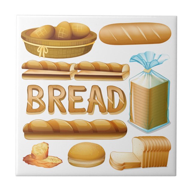Bread Ceramic Tile (Illustration of a variety of breads, including a basket of rolls, a loaf of bread, sliced baguettes.)