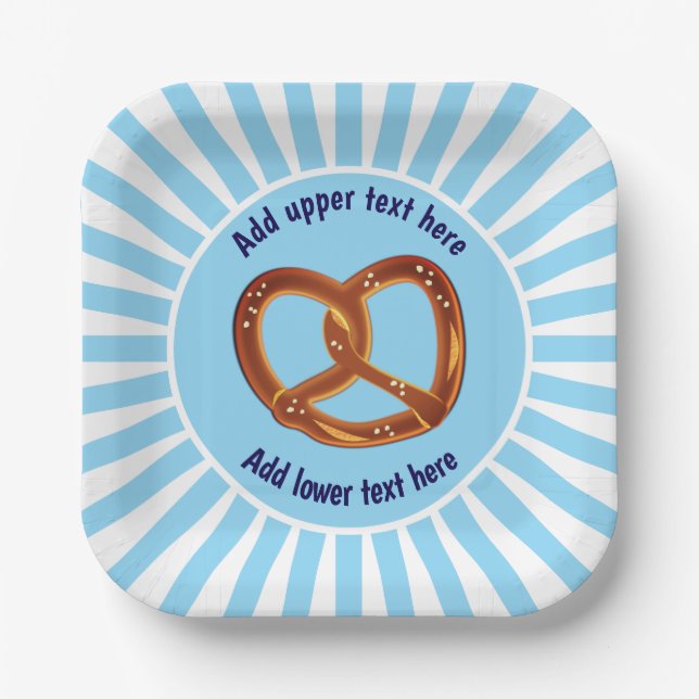 Bread Knot Pretzel on Oktoberfest Blue & White Paper Plates (Front)