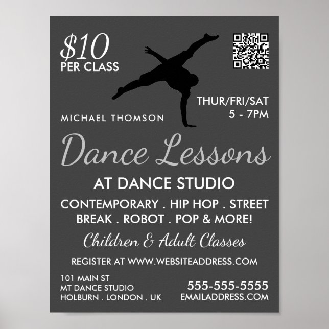 Break Dancer Silhouette, Dance Lesson Advertising Poster (Front)