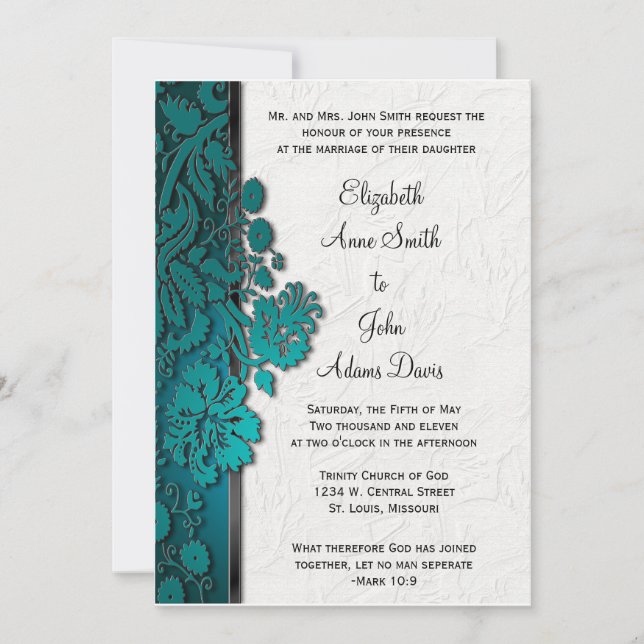Break Through Damask Teal Wedding Invitatio Invitation (Front)