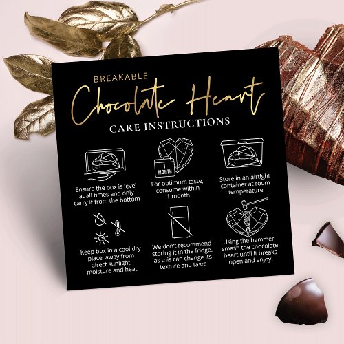 Breakable Chocolate Heart Care Guide Black  Gold Square Business Card