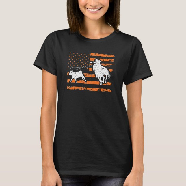 Breakaway Roping Cowgirl American Flag Rodeo Calf  T-Shirt (Front)