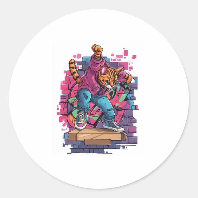 Breakdance Meow – Urban Graffiti Cat Dance Classic Round Sticker (Front)