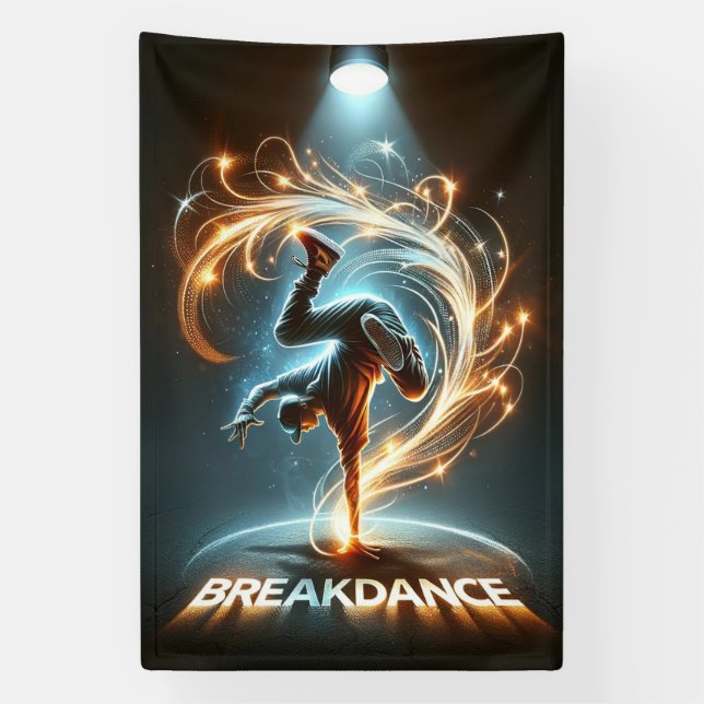 Breakdancer in Neon Swirl Spotlight  Dynamic Urban Banner (Vertical)