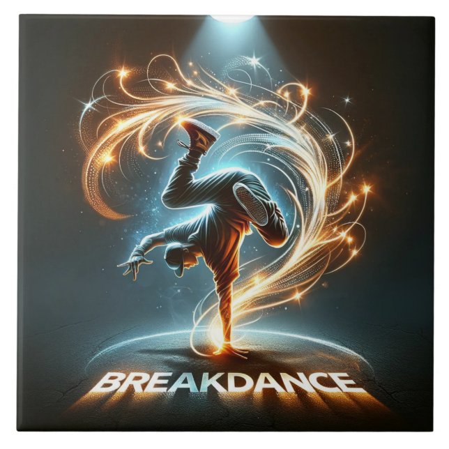 Breakdancer in Neon Swirl Spotlight  Dynamic Urban Ceramic Tile (Front)