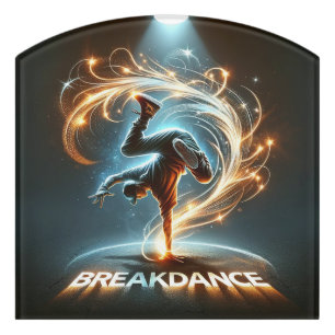 Breakdancer in Neon Swirl Spotlight  Dynamic Urban Door Sign