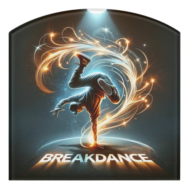 Breakdancer in Neon Swirl Spotlight  Dynamic Urban Door Sign (Contour Front)