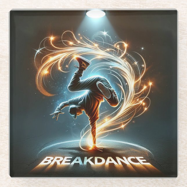 Breakdancer in Neon Swirl Spotlight  Dynamic Urban Glass Coaster (Front)