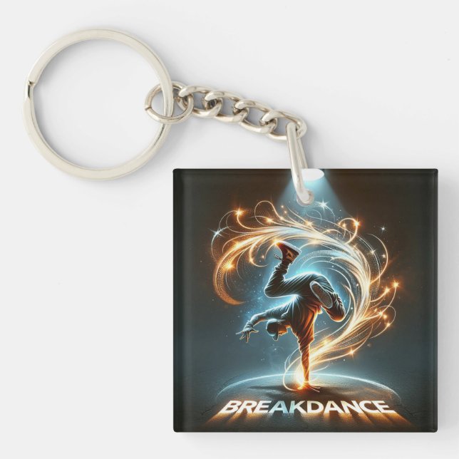 Breakdancer in Neon Swirl Spotlight  Dynamic Urban Keychain (Front)