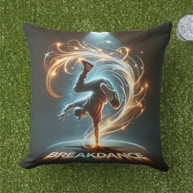 Breakdancer in Neon Swirl Spotlight  Dynamic Urban Outdoor Pillow (Grass)