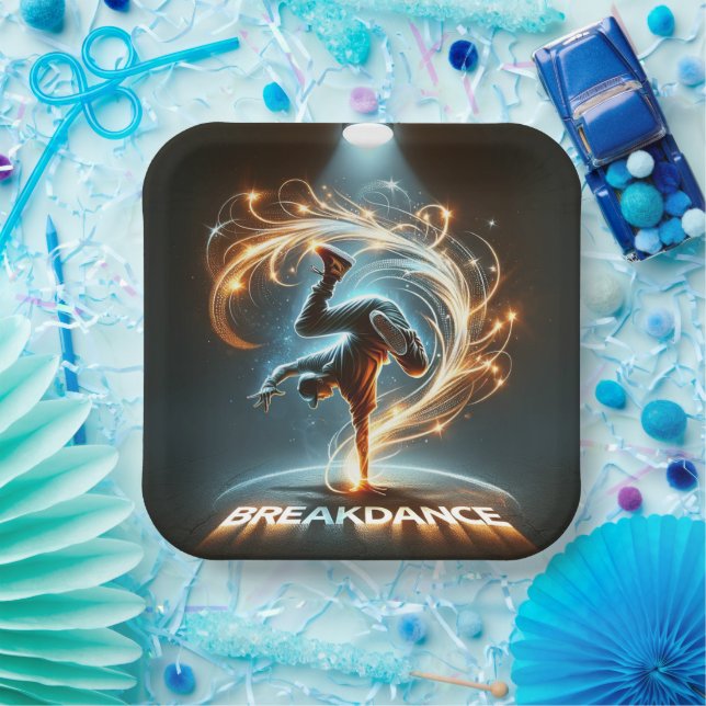 Breakdancer in Neon Swirl Spotlight  Dynamic Urban Paper Plates (Party)
