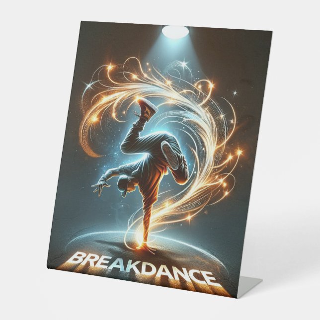 Breakdancer in Neon Swirl Spotlight  Dynamic Urban Pedestal Sign (Front)