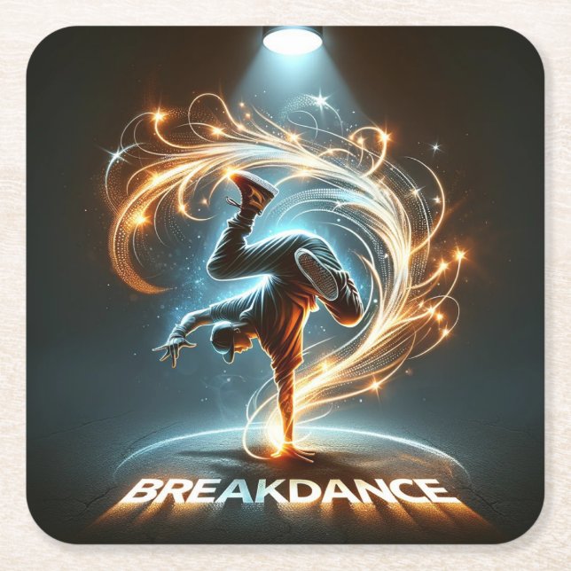Breakdancer in Neon Swirl Spotlight  Dynamic Urban Square Paper Coaster (Front)