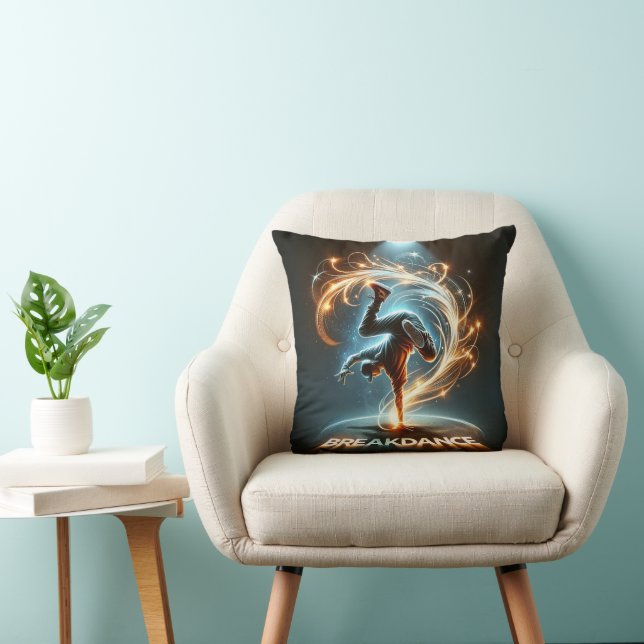 Breakdancer in Neon Swirl Spotlight  Dynamic Urban Throw Pillow (Chair)