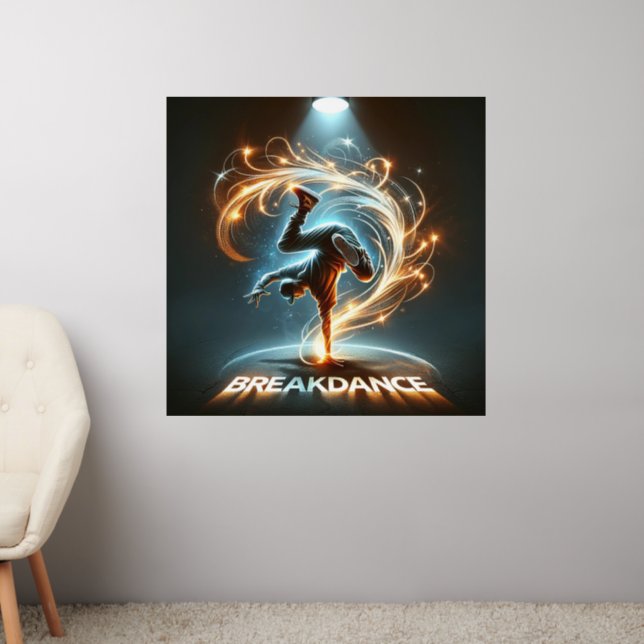 Breakdancer in Neon Swirl Spotlight  Dynamic Urban Wall Decal (Living Room 2)