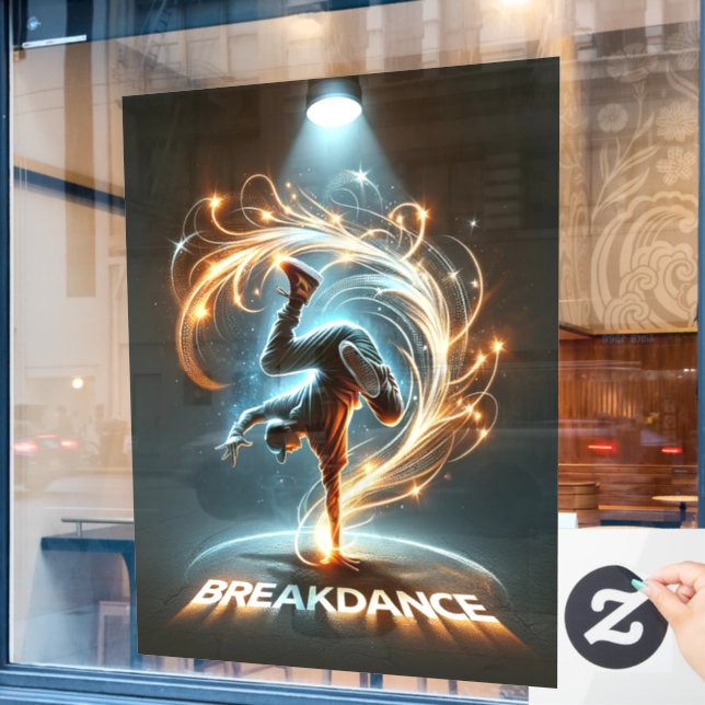 Breakdancer in Neon Swirl Spotlight  Dynamic Urban Window Cling (Cafe Window)