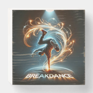 Breakdancer in Neon Swirl Spotlight  Dynamic Urban Wooden Box Sign