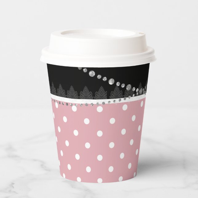 Breakfast & Brunch pink & white polka damask Paper Cups (Front)