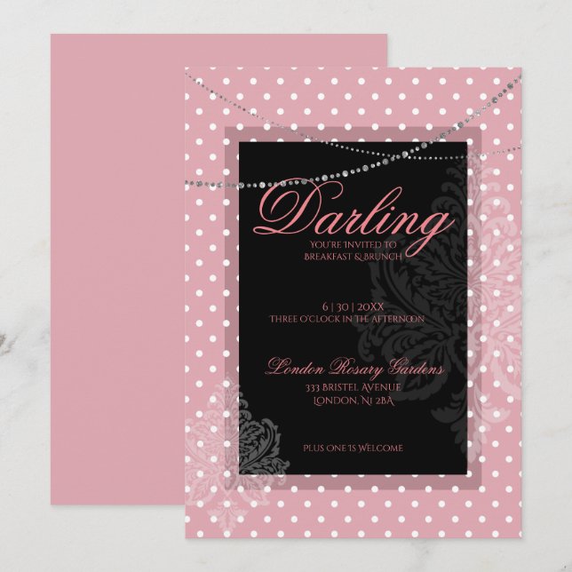 Breakfast brunch pink with white polk dots invitation (Front/Back)