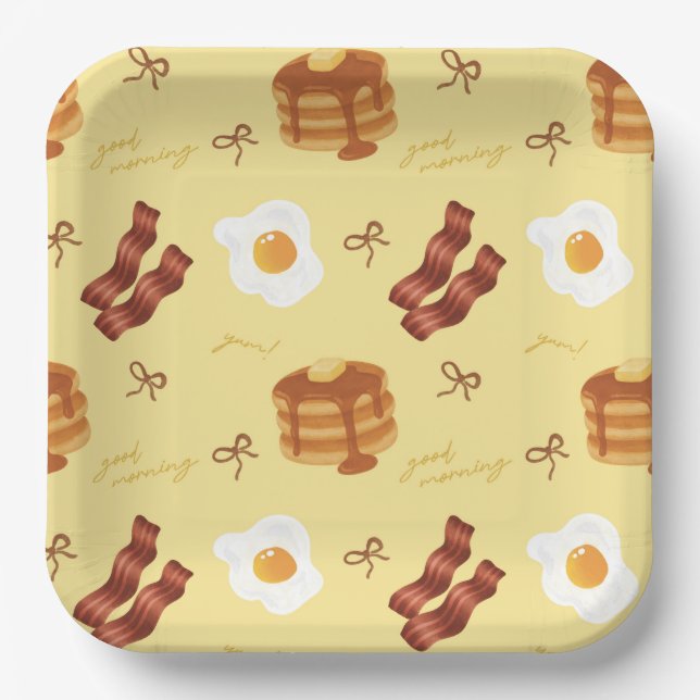 Breakfast Brunch Theme Bacon Eggs Pancakes Pattern Paper Plates (Front)