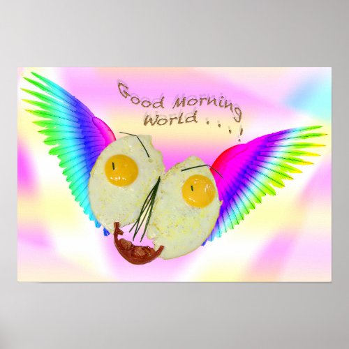 BREAKFAST EGG FACE FLYING WITH RAINBOW COLOURS POSTER