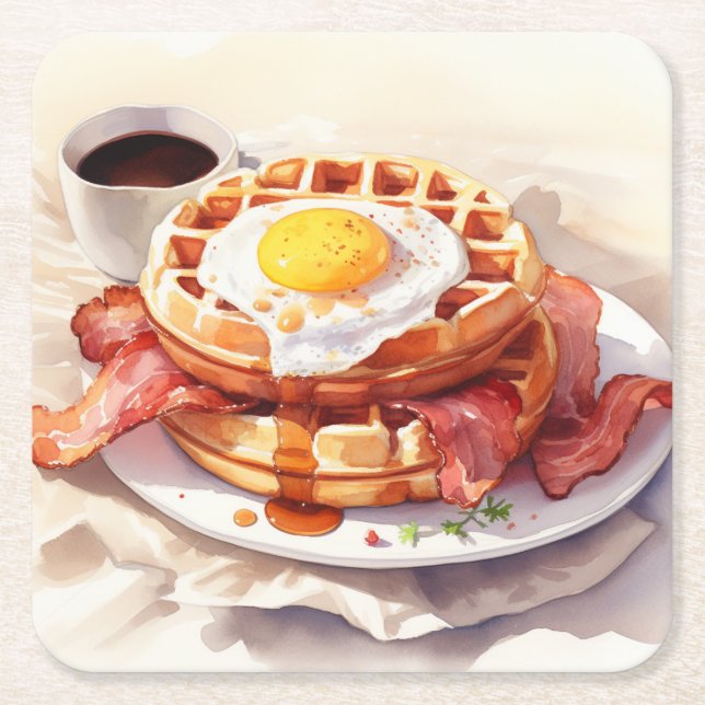 Breakfast Egg Waffle Bacon Coffee Food Foodie Square Paper Coaster (Front)