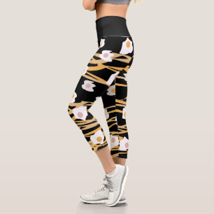 Breakfast Eggs Food Abstract Pattern Yellow Black Capri Leggings