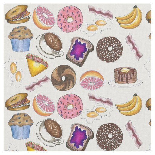 Breakfast Foods Bagel Egg Toast Donut Bacon Fabric