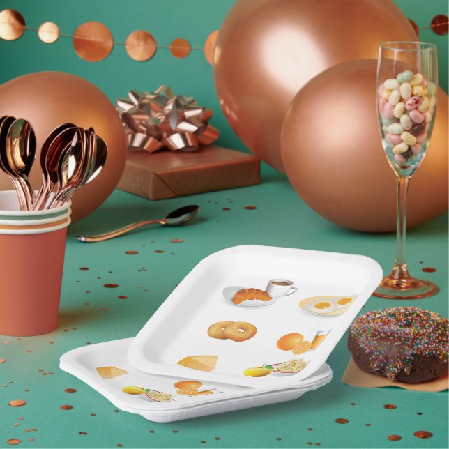 Breakfast Foods Coffee, Croissant, Eggs, Bagels  Paper Plates (Multi)