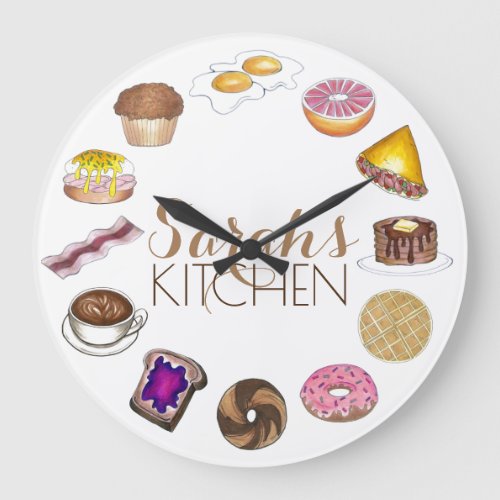 Breakfast Foods Eggs Bacon Donut Coffee Kitchen Large Clock