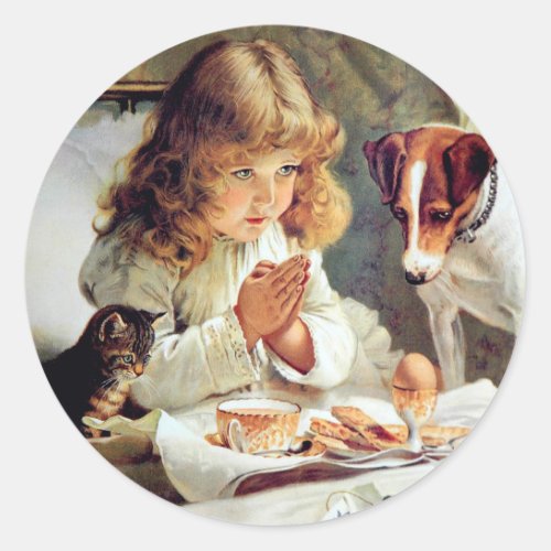 Breakfast in Bed Girl Terrier and Kitty Cat Classic Round Sticker