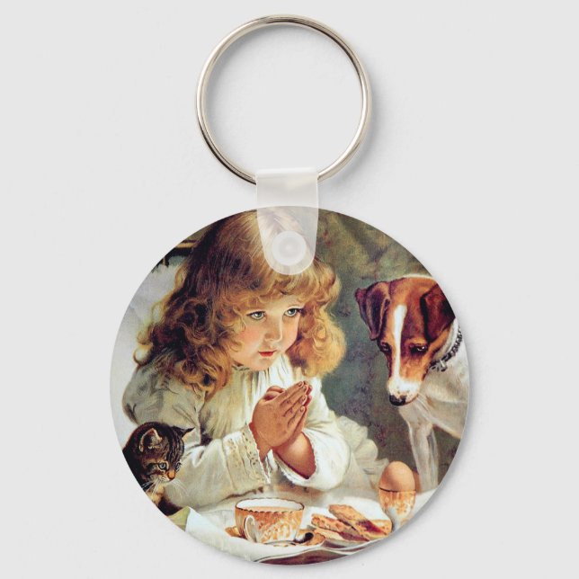 Breakfast in Bed: Girl, Terrier and Kitty Cat Keychain (Front)