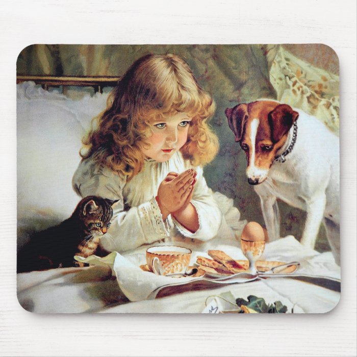 Breakfast in Bed Girl, Terrier and Kitty Cat Mouse Pads
