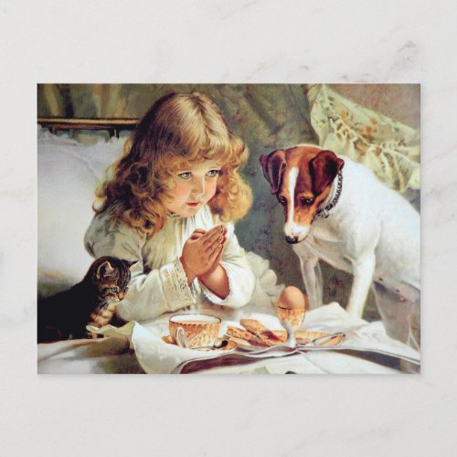 Breakfast in Bed Girl Terrier and Kitty Cat Postcard