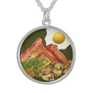 Breakfast Landscape Bacon Eggs Sterling Silver Necklace