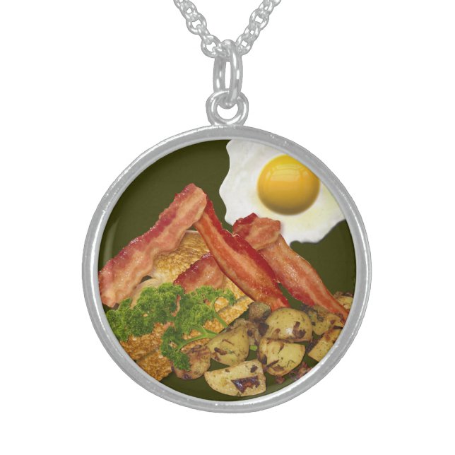 Breakfast Landscape Bacon Eggs Sterling Silver Necklace (Front)