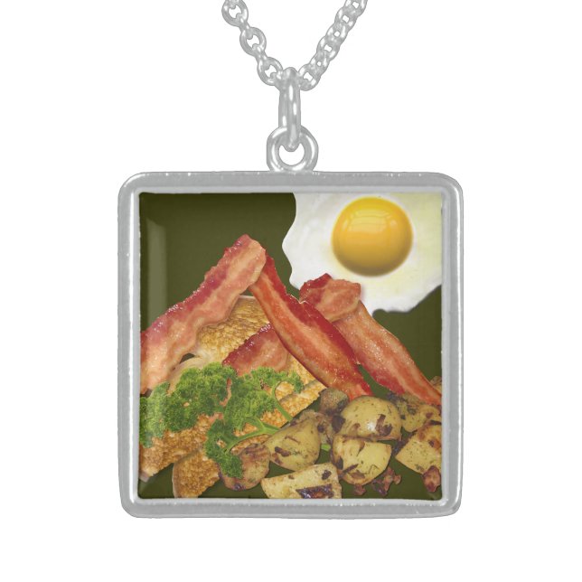 Breakfast Landscape Bacon Eggs Sterling Silver Necklace (Front)