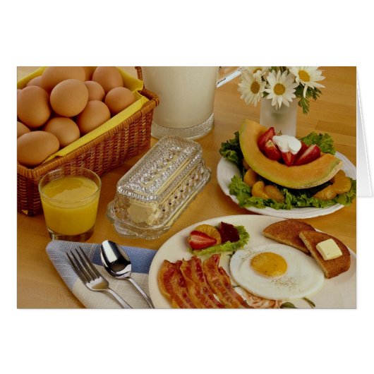 Breakfast of bacon, eggs and pitcher of milk cards (Front Horizontal)