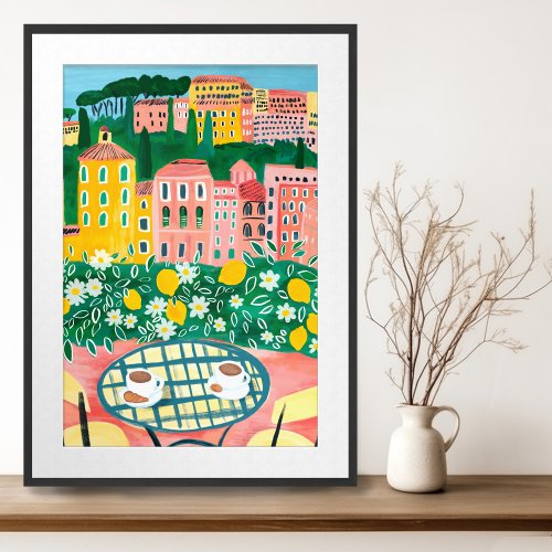 Breakfast on Terrace Whimsical City Painting Art Poster