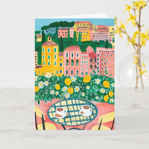 Breakfast on the Terrace Whimsical City Painting  Card