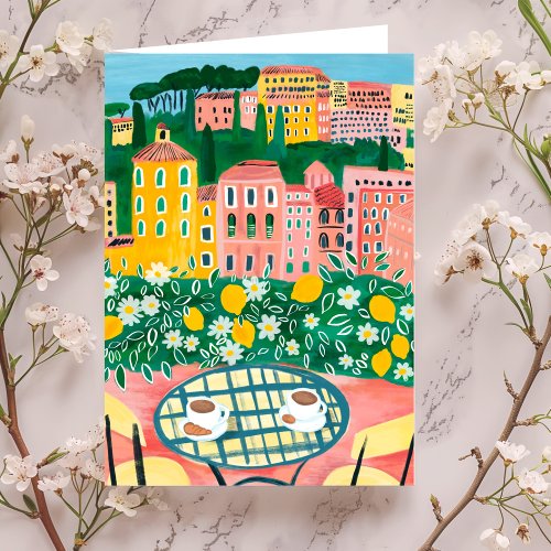 Breakfast on the Terrace Whimsical City Painting  Card