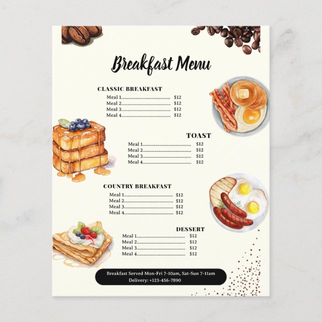 Breakfast Restaurant Menu Brunch Cafe Marketing  Flyer (Front)