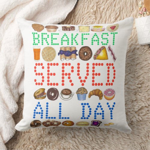 Breakfast Served All Day Classic Neon Diner Sign Throw Pillow